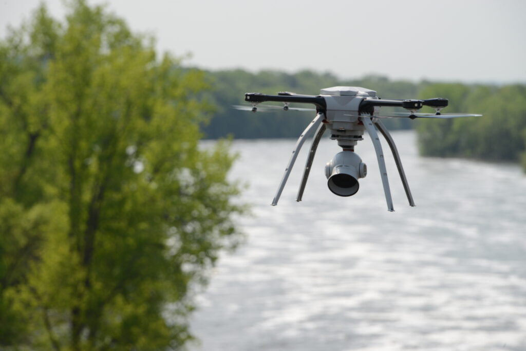Drone inspection over water.